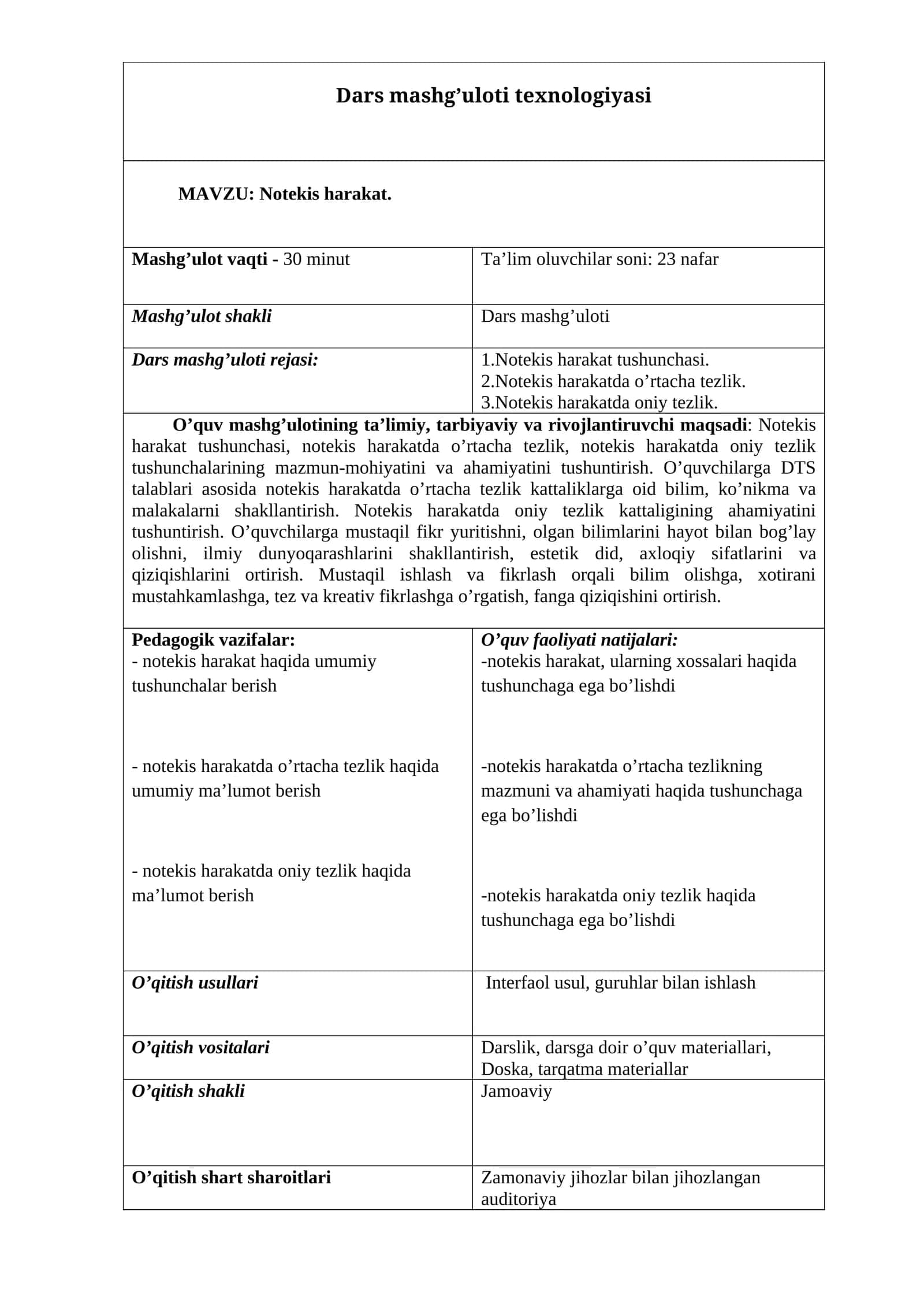 Notekis harakat mavzusida tayyor sifatli dars ishlanmasi.