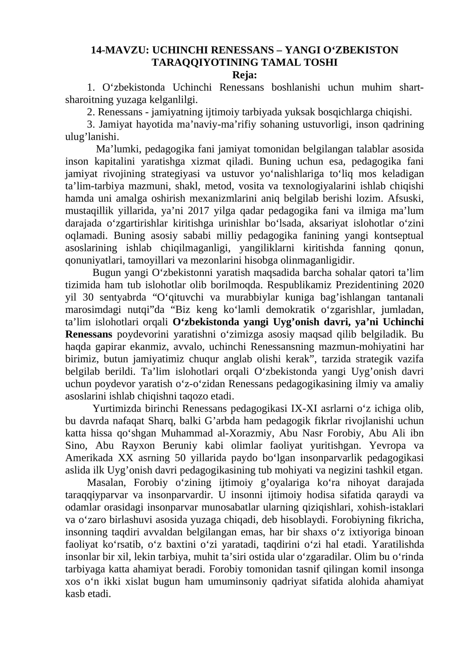 UCHINCHI RENESSANS – YANGI O‘ZBEKISTON