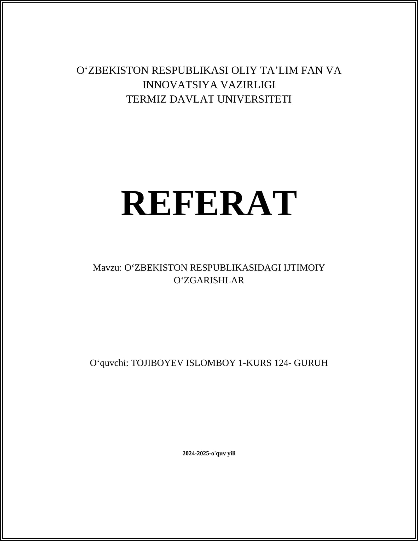 OʻZBEKISTON RESPUBLIKASIDAGI IJTIMOIY OʻZGARISHLAR