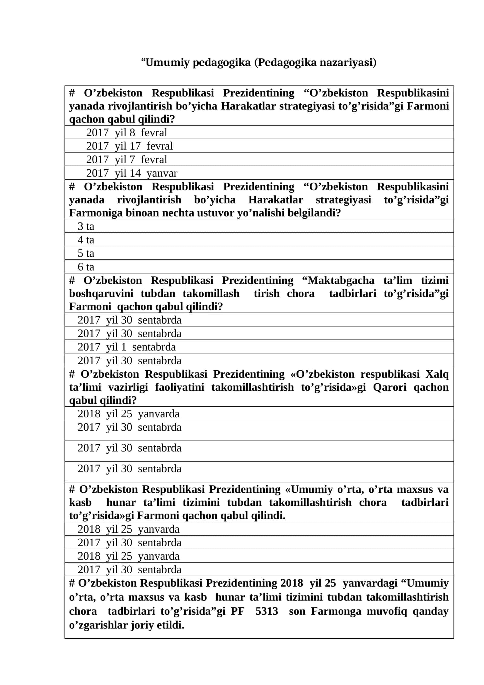 Umumiy pedagogika (Pedagogika nazariyasi) fanidan test savollari