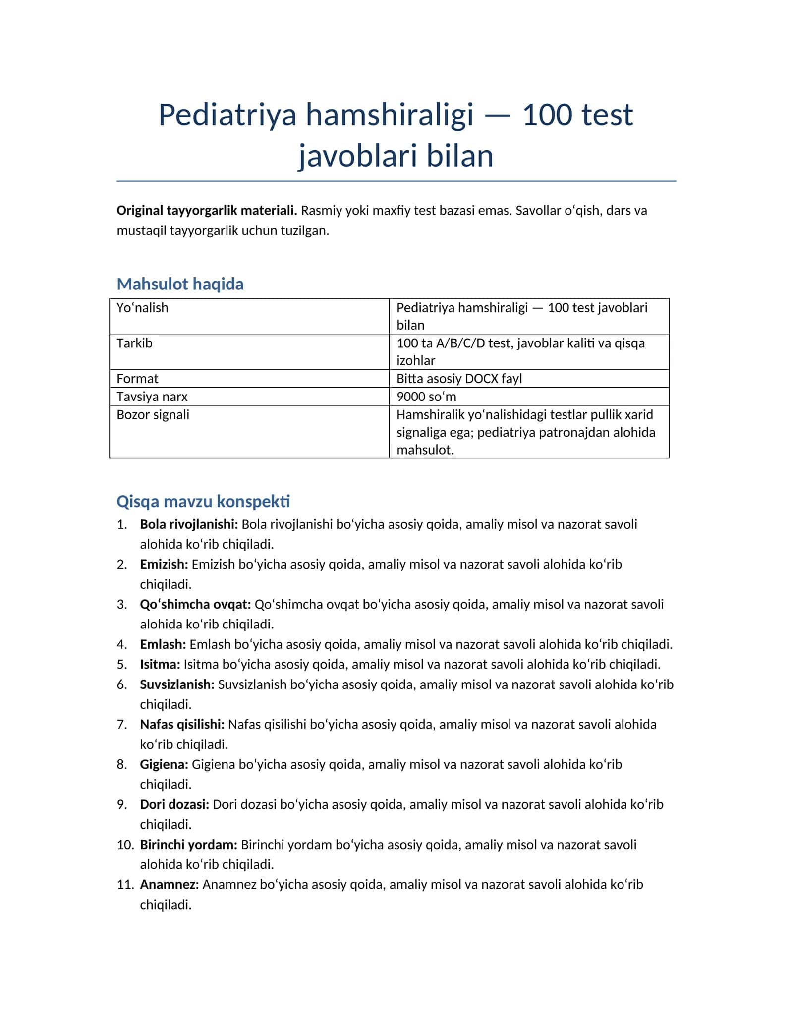 Pediatriya hamshiraligi — 100 test javoblari bilan