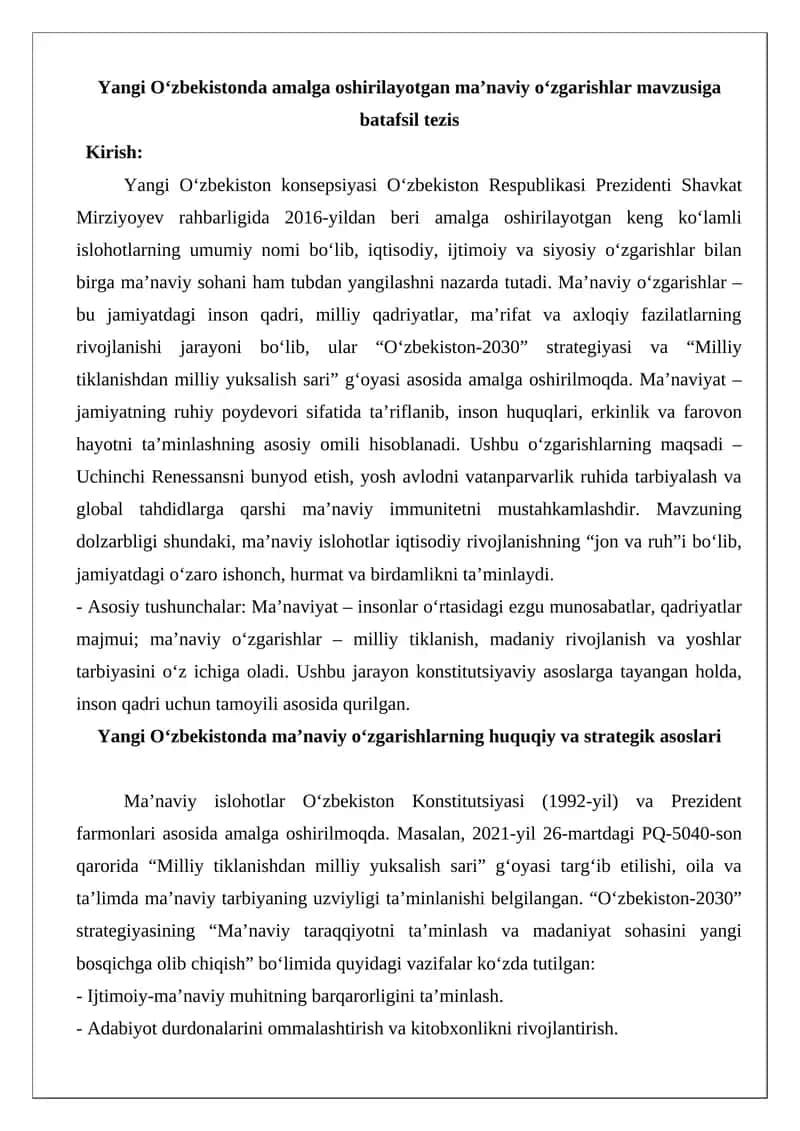 Ma’naviy o‘zgarishlar mavzusiga batafsil tezis