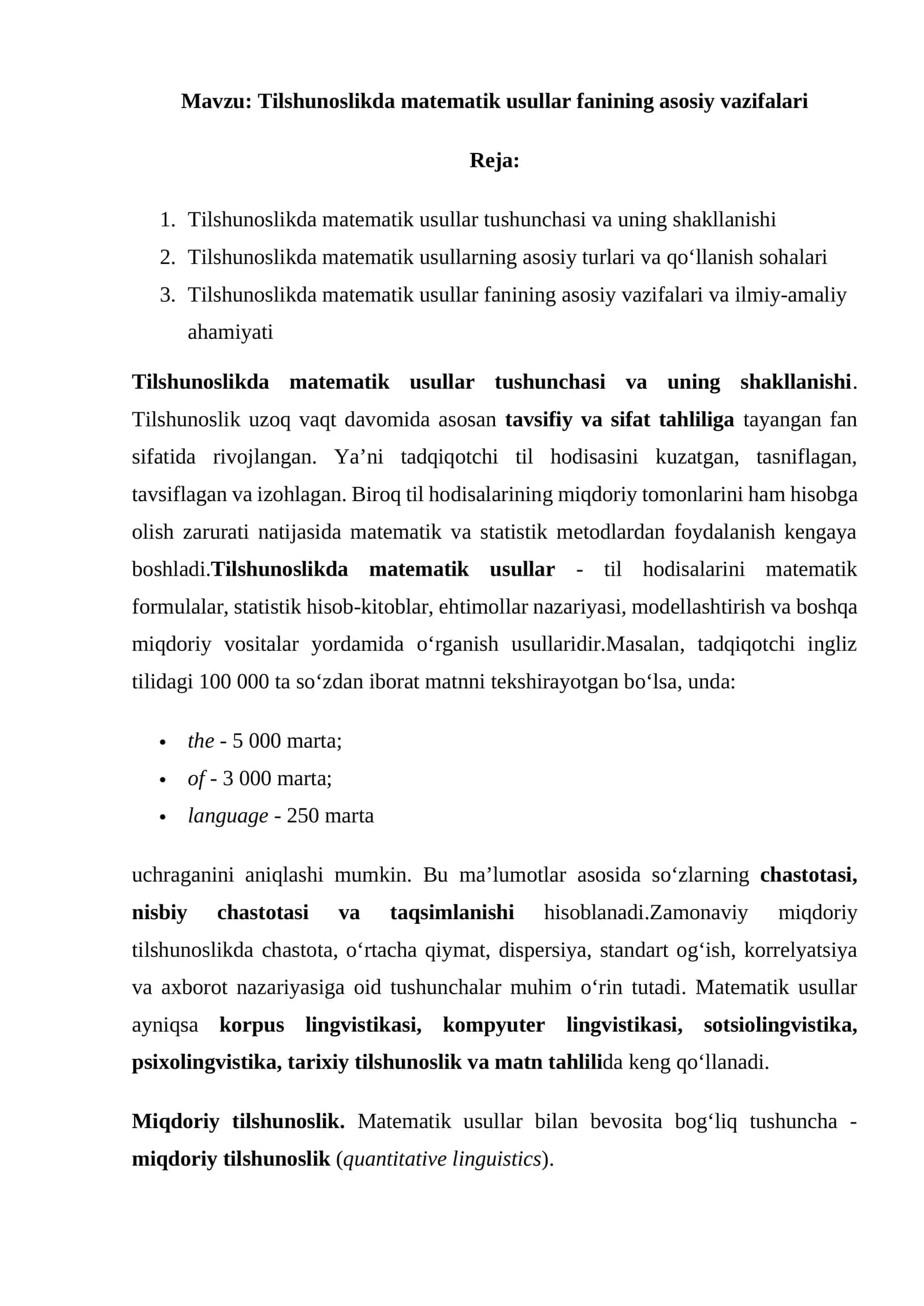 Tilshunoslikda matematik usullar fanining asosiy vazifalari