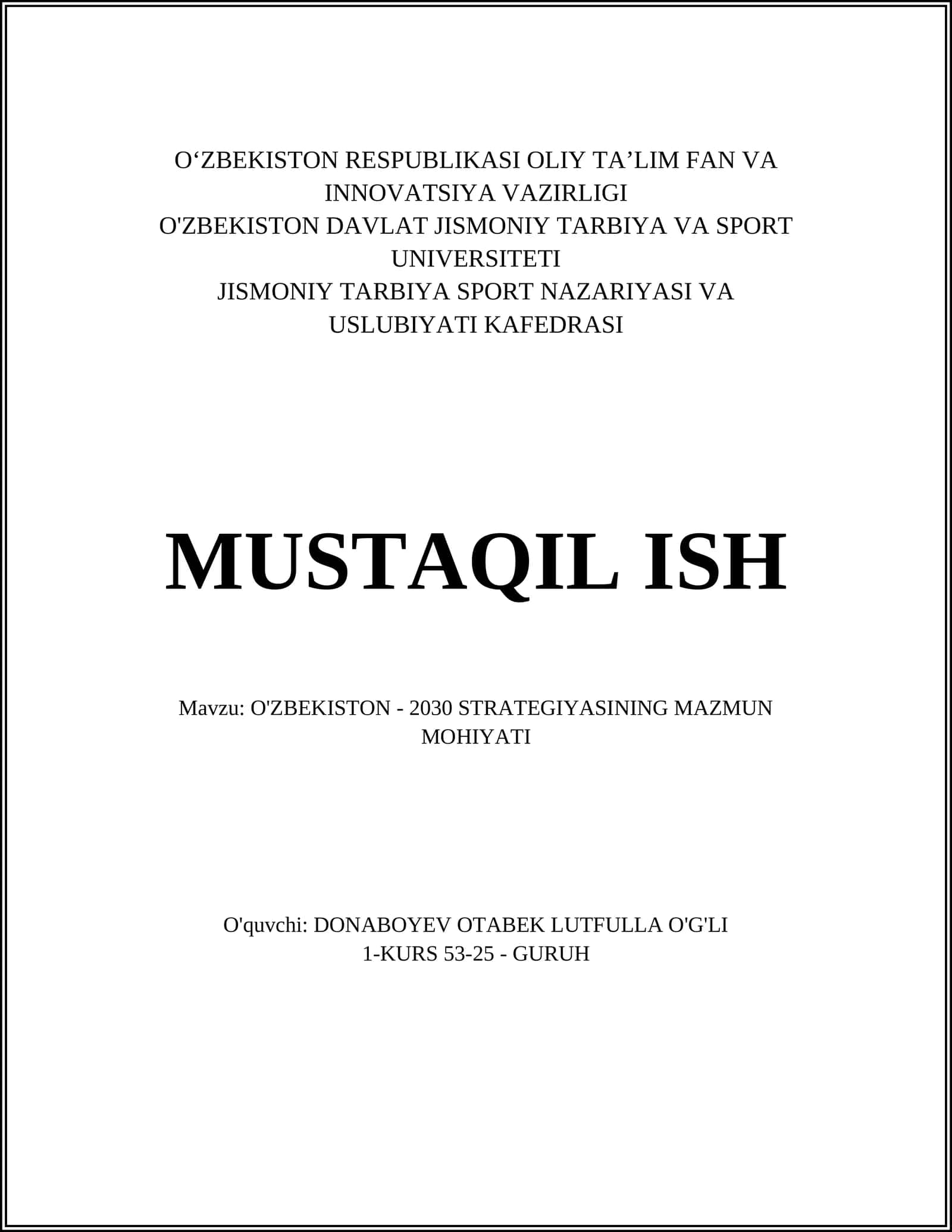 O'ZBEKISTON - 2030 STRATEGIYASINING MAZMUN MOHIYATI