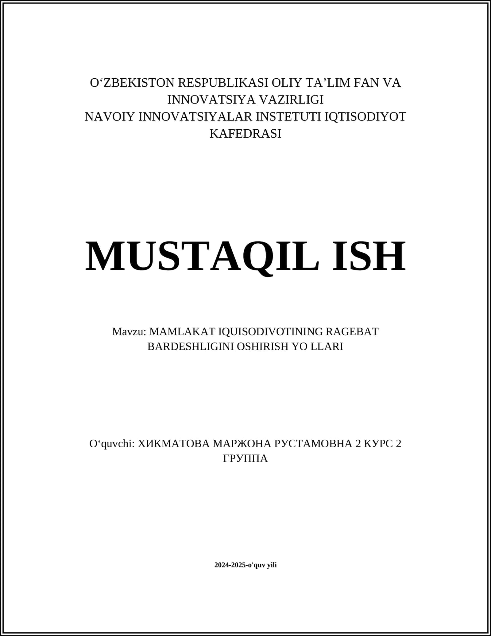 MAMLAKAT IQUISODIVOTINING RAGEBAT BARDESHLIGINI OSHIRISH YO LLARI