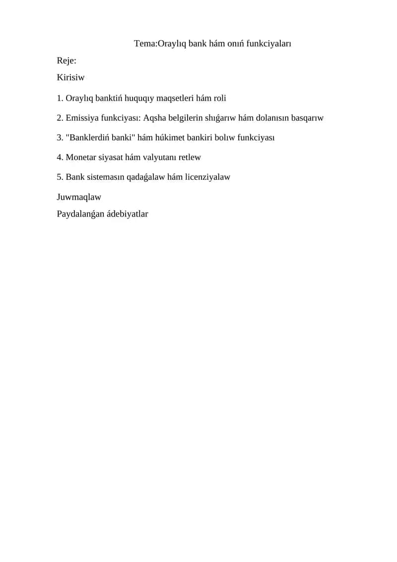 Oraylıq bank hám onıń funkciyaları