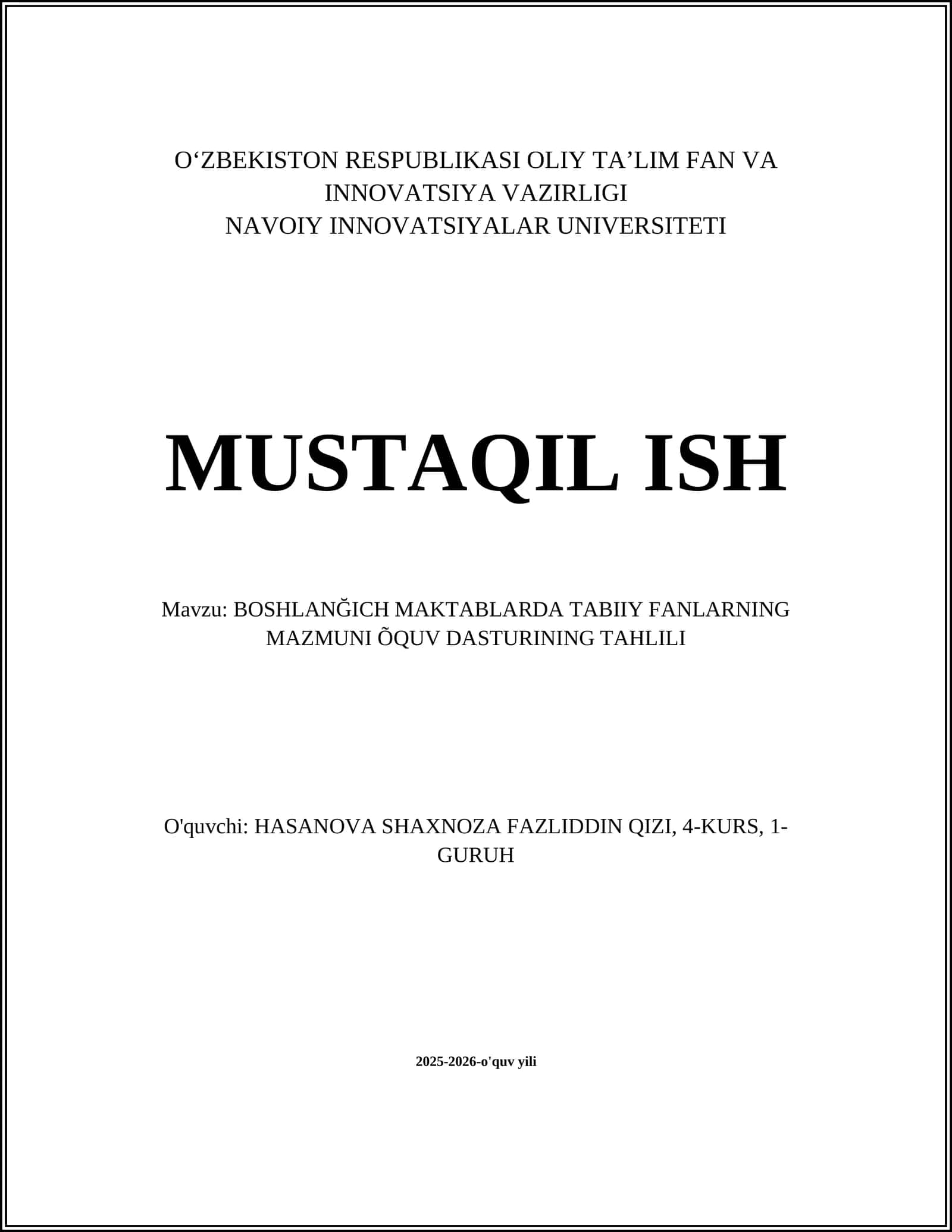 BOSHLANĞICH MAKTABLARDA TABIIY FANLARNING MAZMUNI ÕQUV DASTURINING TAHLILI