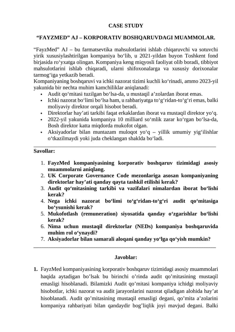 "FAYZMED" AJ – KORPORATIV BOSHQARUVDAGI MUAMMOLAR