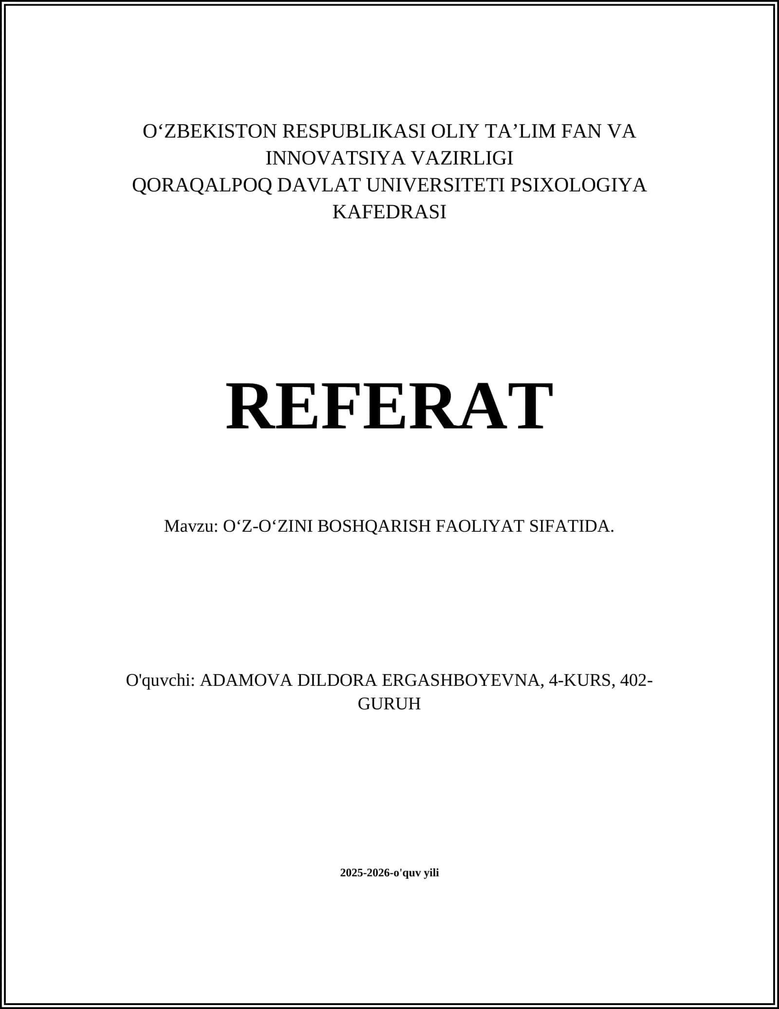 OʻZ-OʻZINI BOSHQARISH FAOLIYAT SIFATIDA