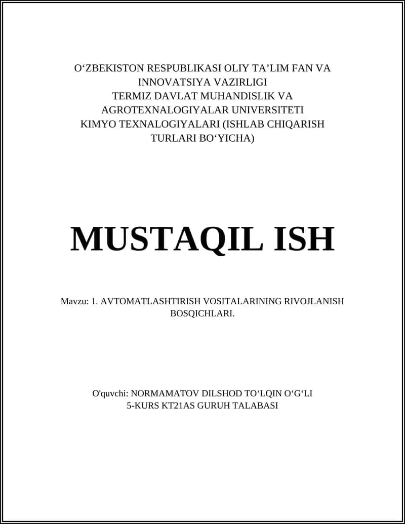 KIMYO TEXNALOGIYALARI (ISHLAB CHIQARISH TURLARI BOʻYICHA)
