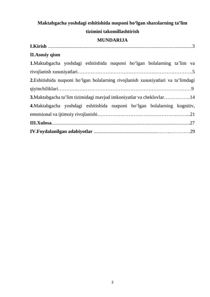 Maktabgacha yoshdagi eshitishida nuqsoni bo‘lgan shaxslarning ta’lim tizimini takomillashtirish