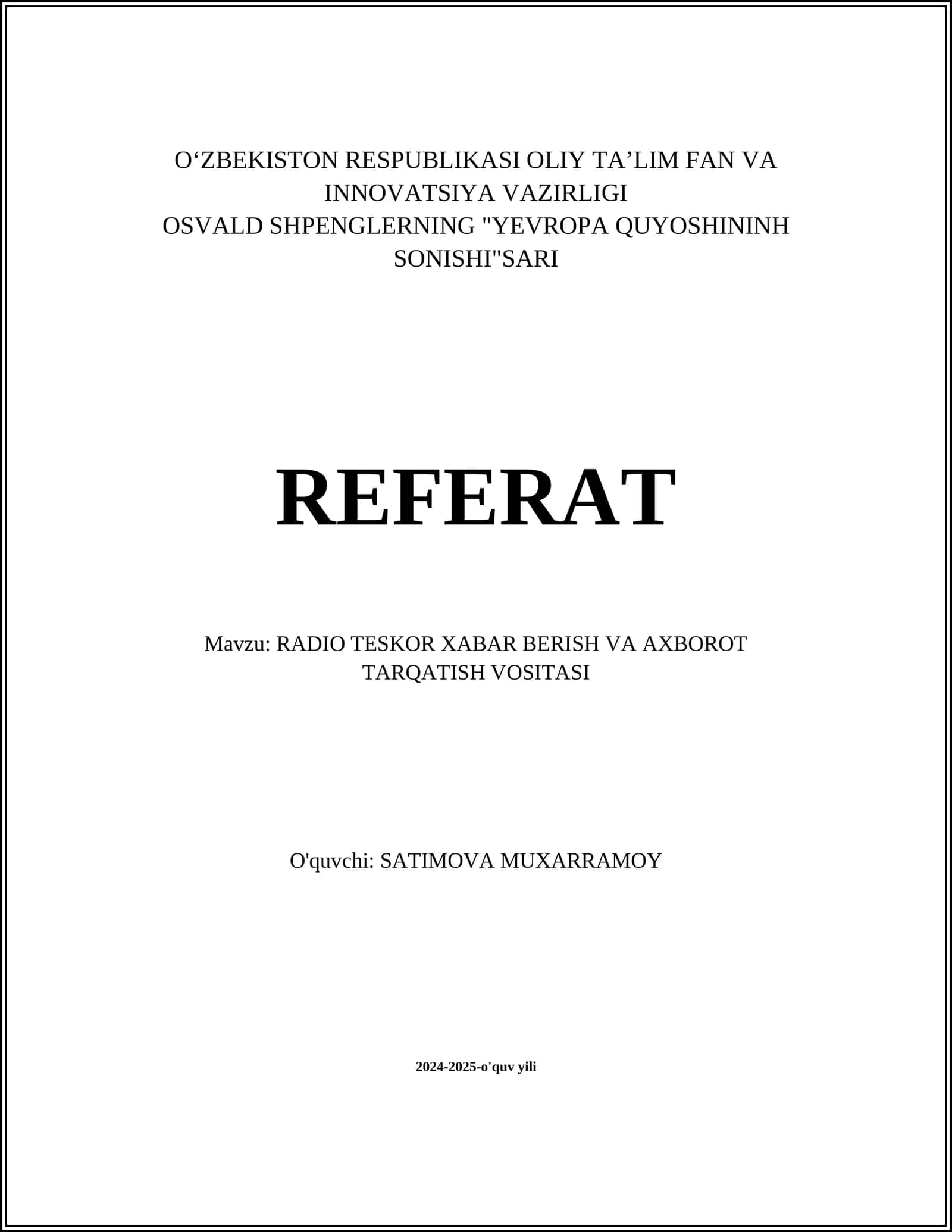 OSVALD SHPENGLERNING "YEVROPA QUYOSHININH SONISHI"SARI