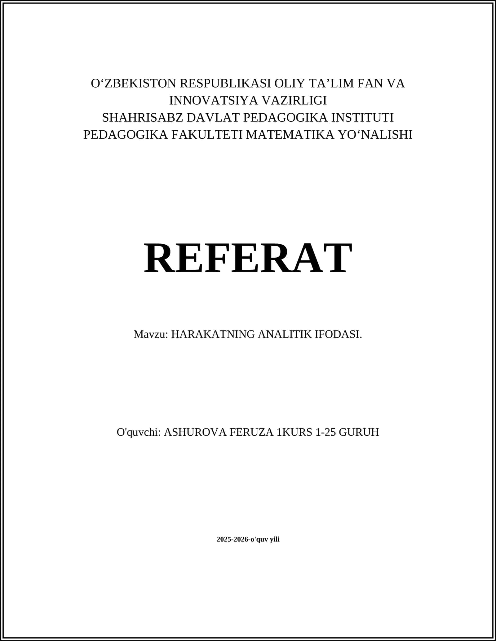 HARAKATNING ANALITIK IFODASI