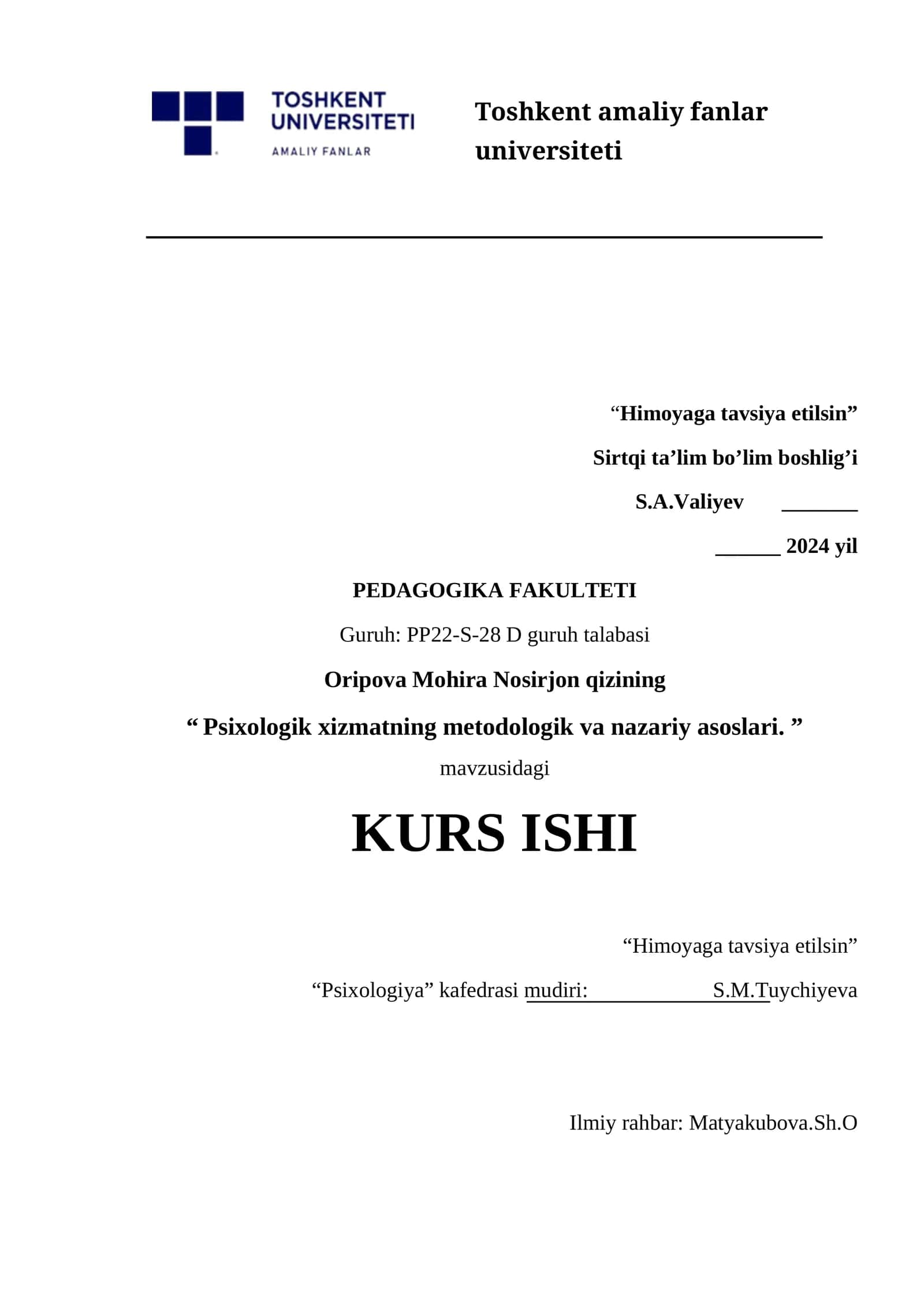 Psixologik xizmatning metodologik va nazariy asoslari