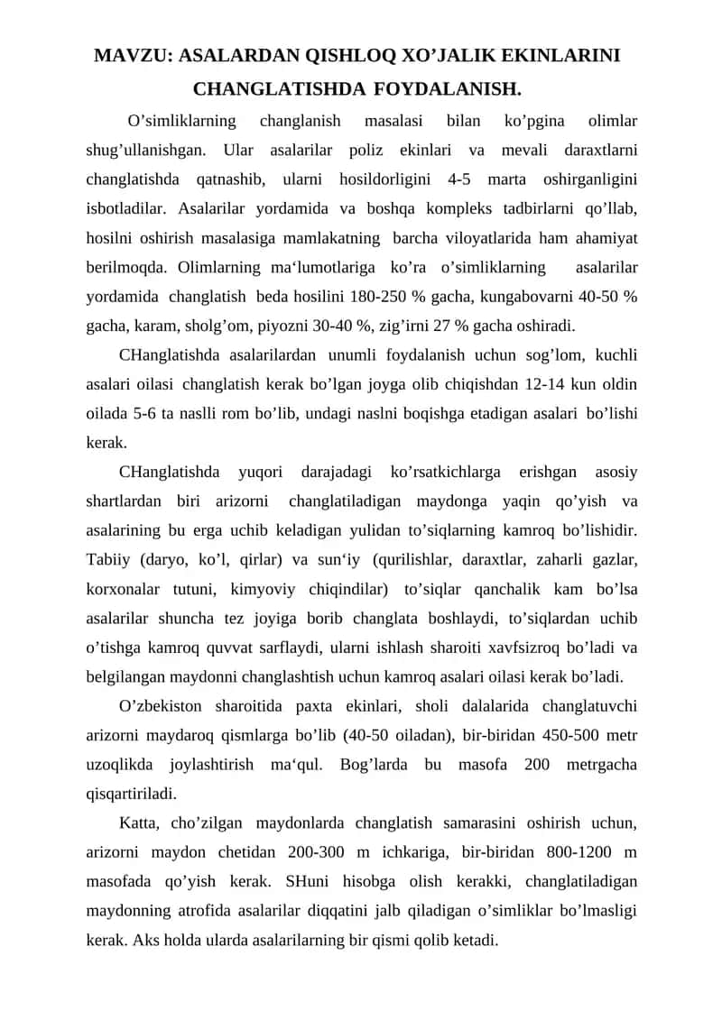 ASALARDAN QISHLOQ XO’JALIK EKINLARINI CHANGLATISHDA FOYDALANISH