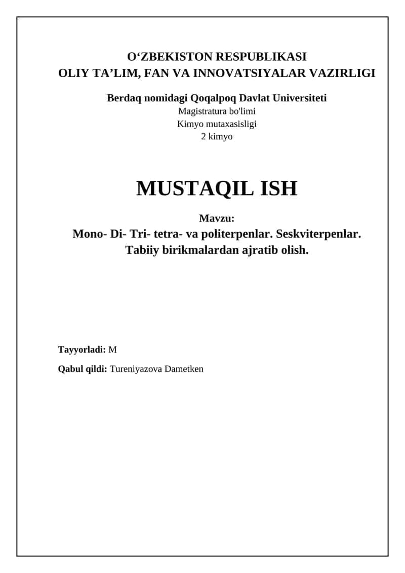 Mono-, Di-, Tri-, Tetra- va Politerpenlar Tasnifi va Tuzilishi