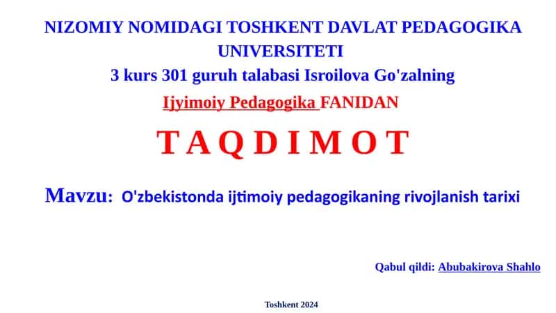 O'zbekistonda ijtimoiy pedagogikaning rivojlanish tarixi
