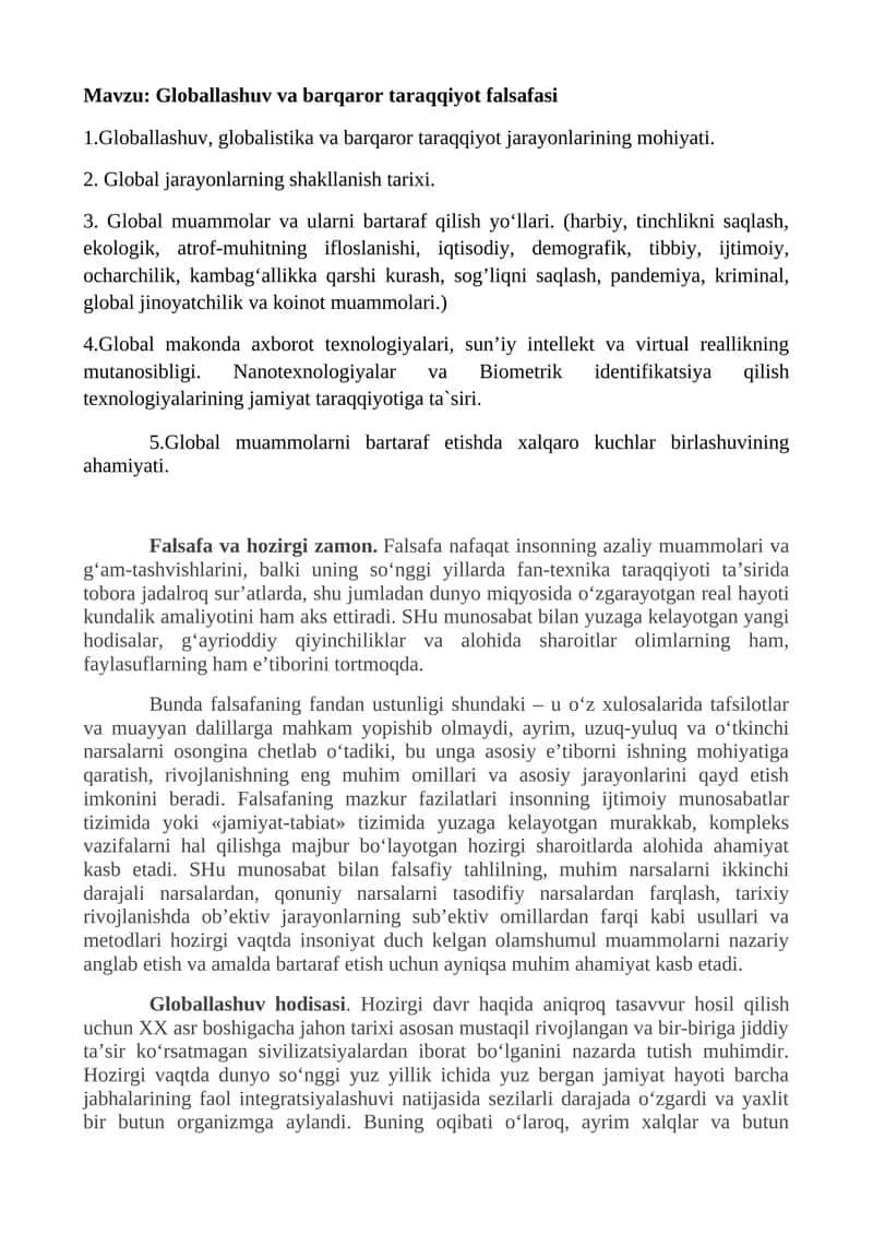 Globallashuv va barqaror taraqqiyot falsafasi