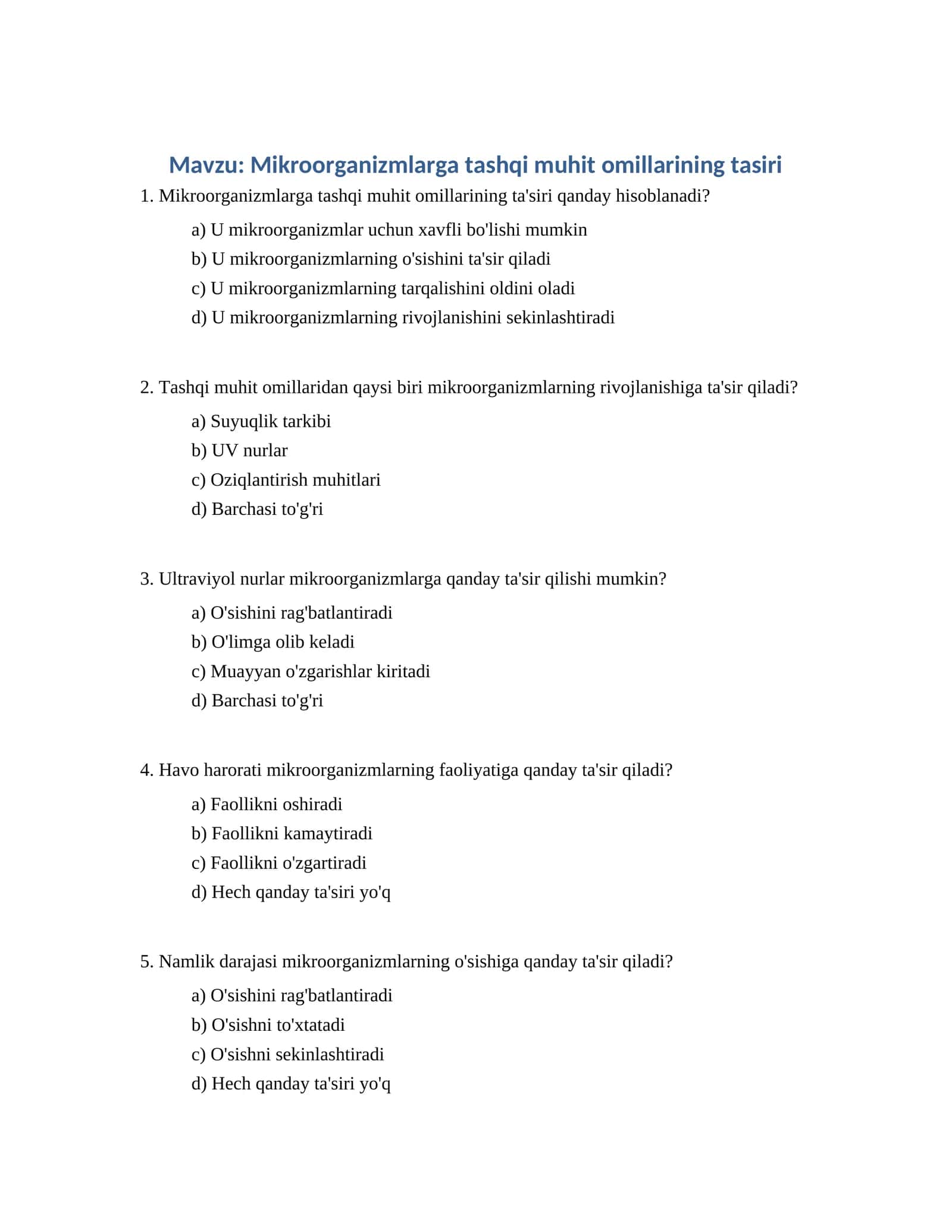 Mikroorganizmlarga tashqi muhit omillarining tasiri