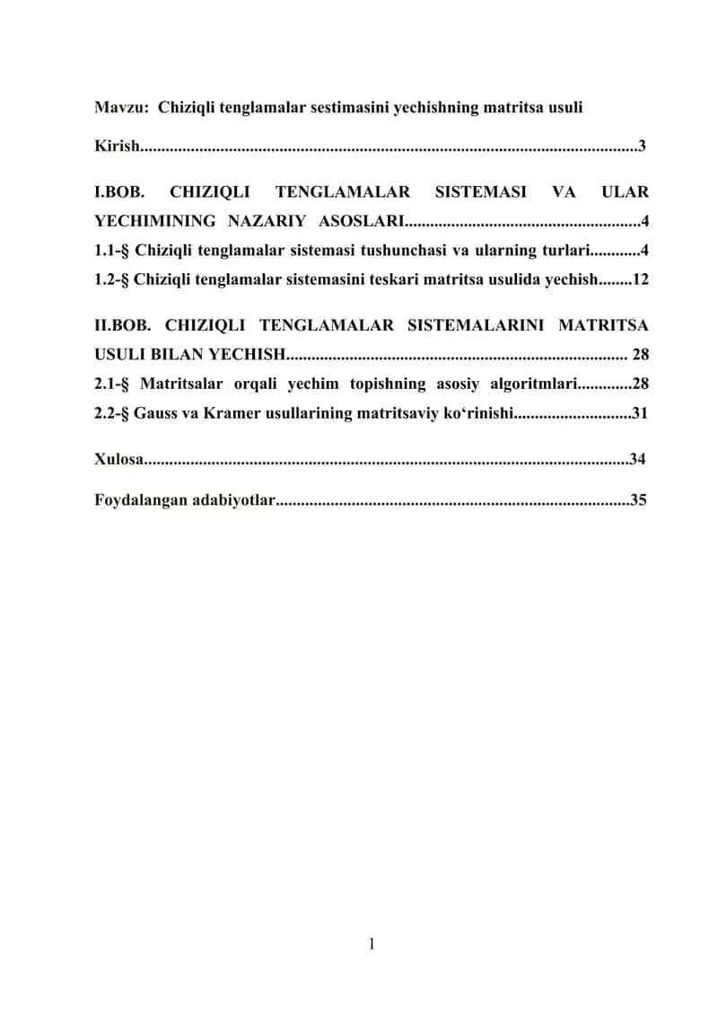 Chiziqli Tenglamalar Sestimasini Yechishning Matritsa Usuli