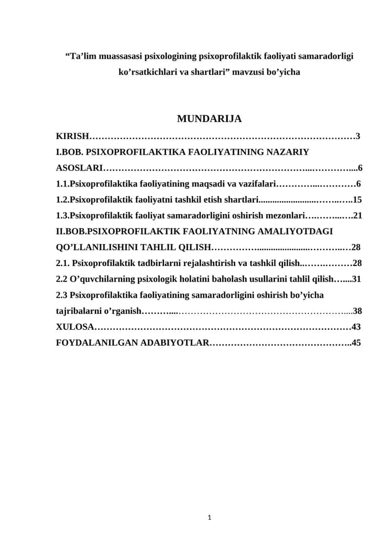 Ta’lim muassasasi psixologining psixoprofilaktik faoliyati samaradorligi ko’rsatkichlari va shartlar