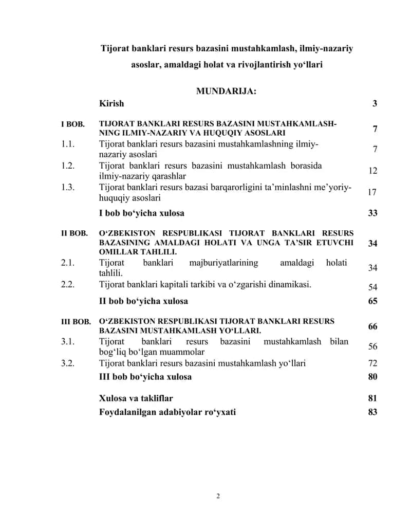Tijorat banklari resurs bazasini mustahkamlash, ilmiy-nazariy asoslar, amaldagi holat va rivojlantirish yo‘llari BMI