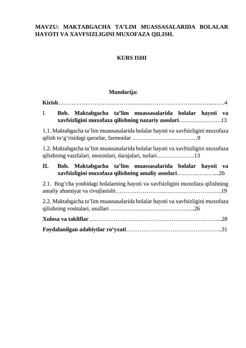 Maktabgacha ta’lim muassasalarida bolalar hayoti va xavfsizligini muxofaza qilish