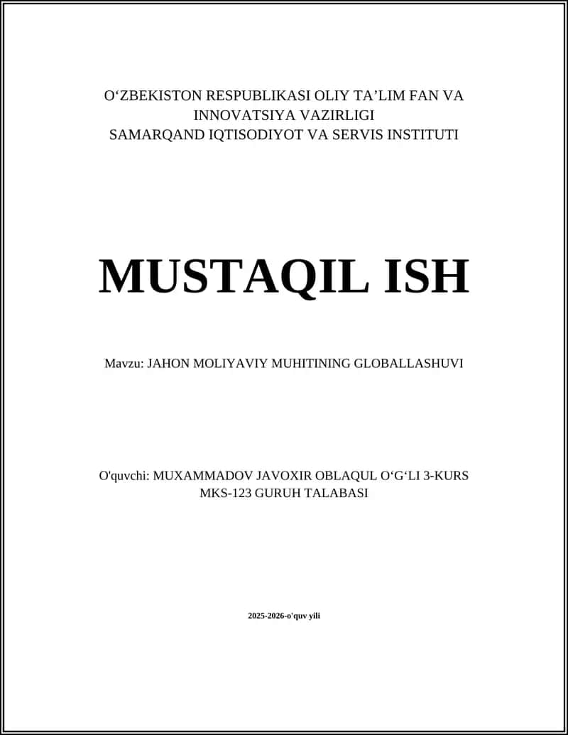 JAHON MOLIYAVIY MUHITINING GLOBALLASHUVI