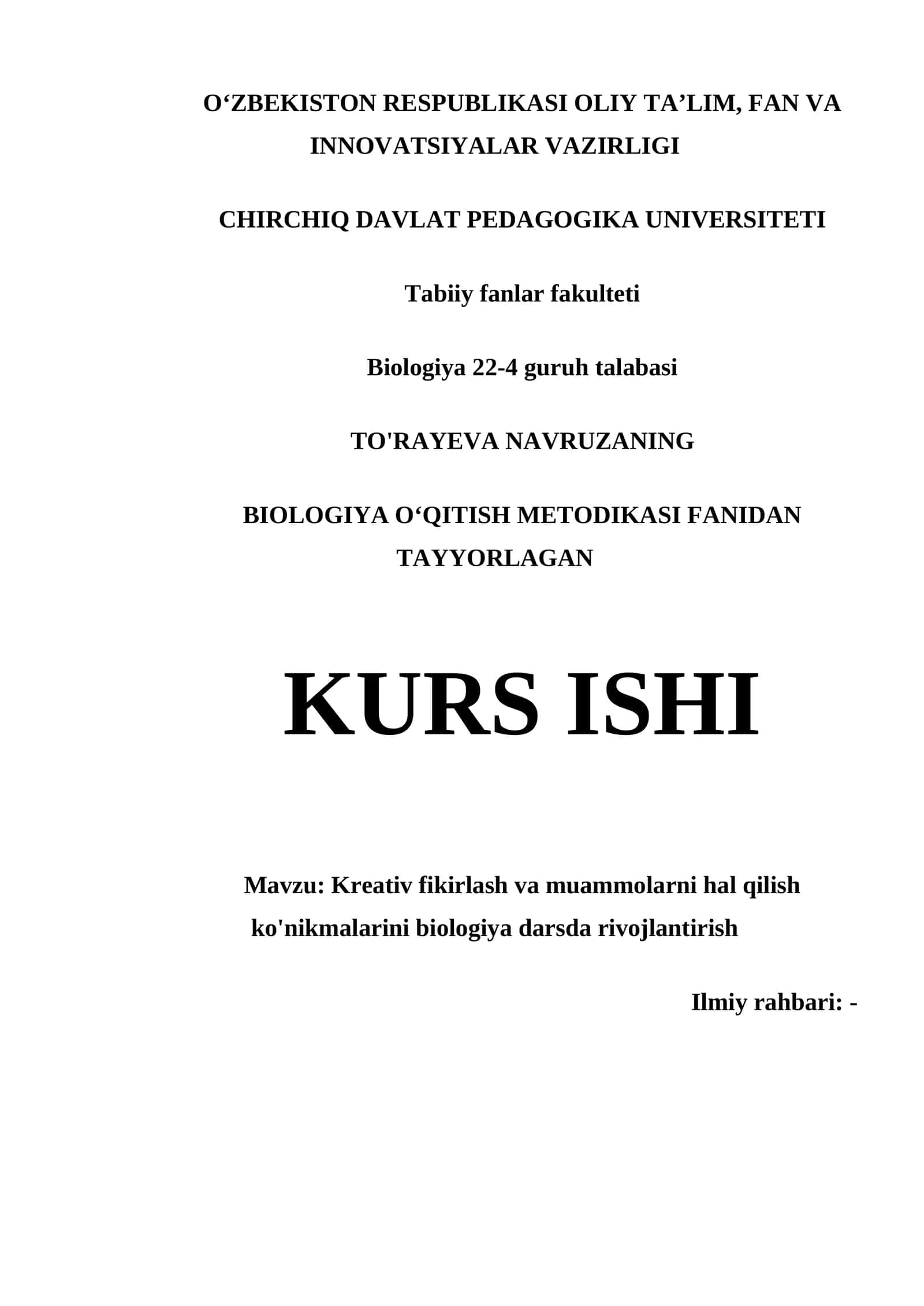 BIOLOGIYA OʻQITISH METODIKASI KURS ISHI