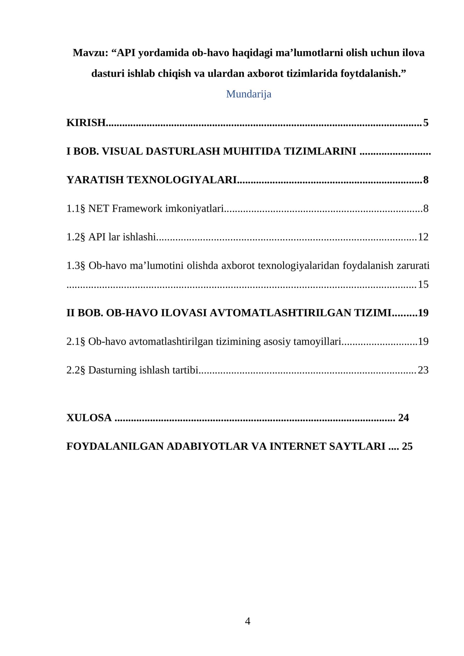 API yordamida ob-havo haqidagi ma’lumotlarni olish uchun ilova dasturi ishlab chiqish va ulardan axborot tizimlarida foytdalanish