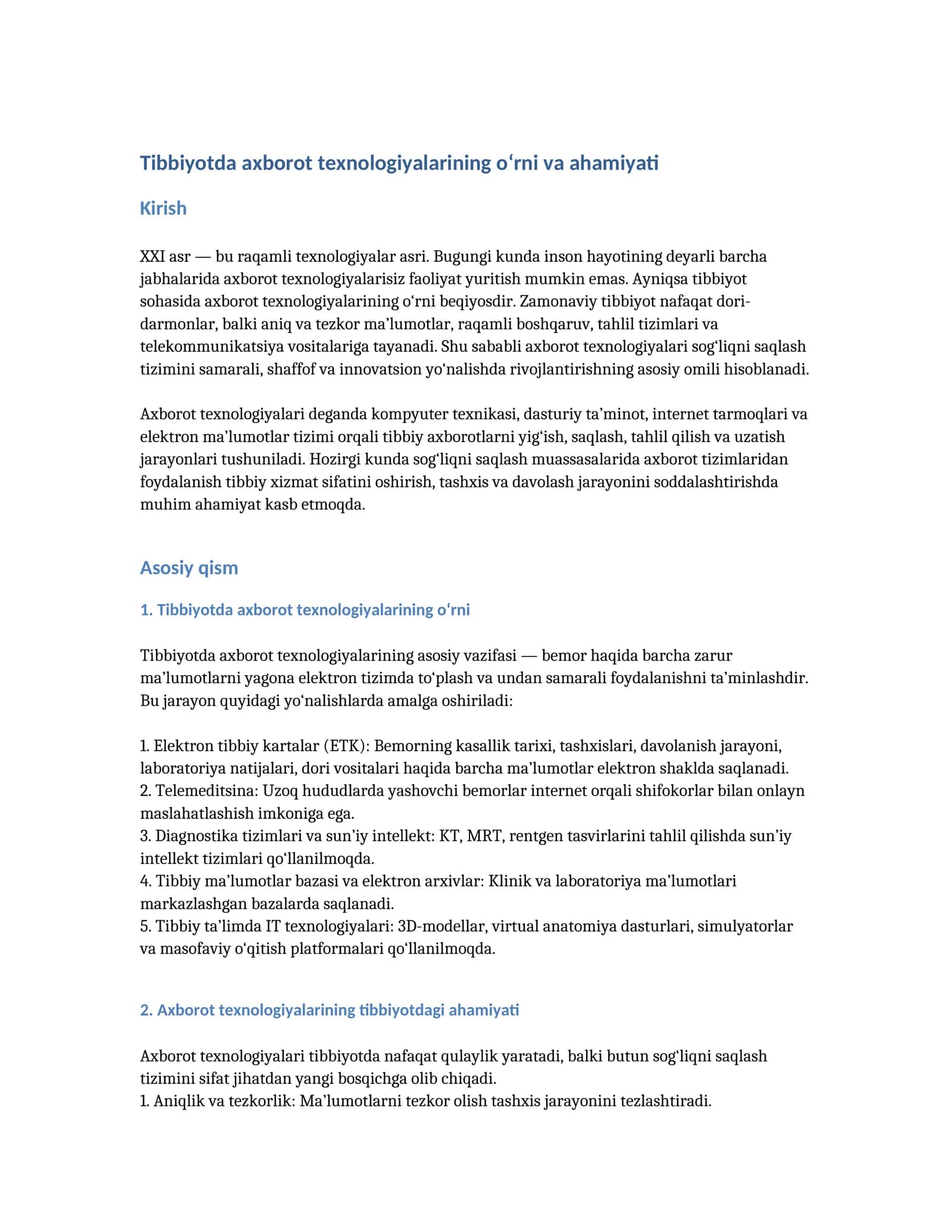 Tibbiyotda axborot texnologiyalarining o‘rni va ahamiyati