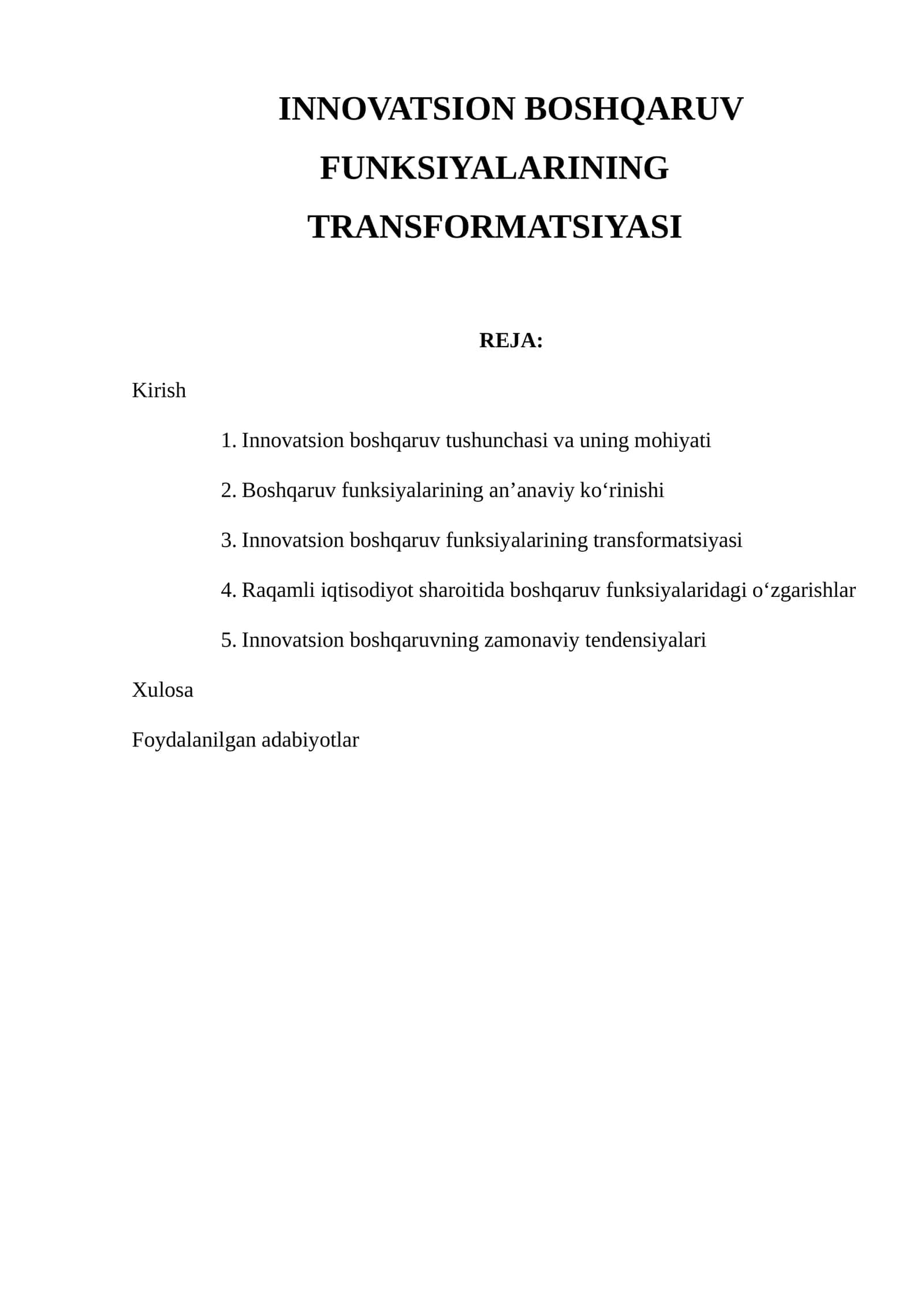 Innovatsion Boshqaruv Funksiyalarining Transformatsiyasi
