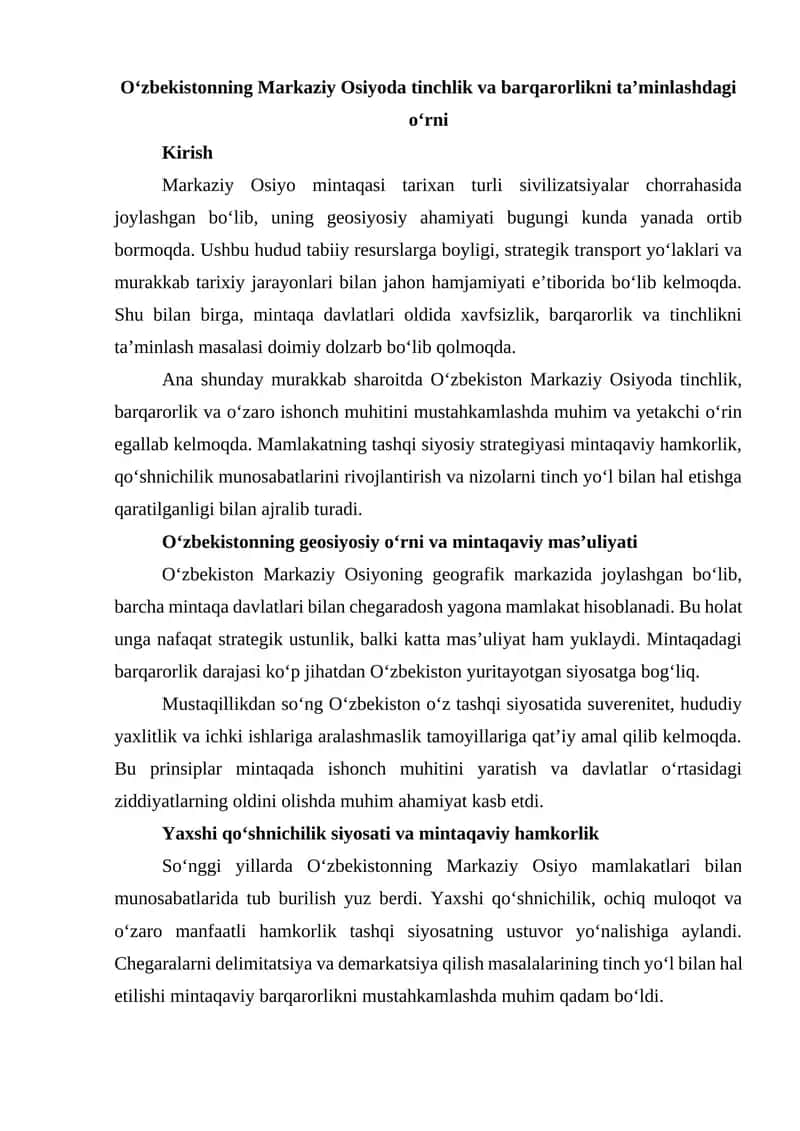 Oʻzbekistonning Markaziy Osiyoda tinchlik va barqarorlikni ta’minlashdagi oʻrni