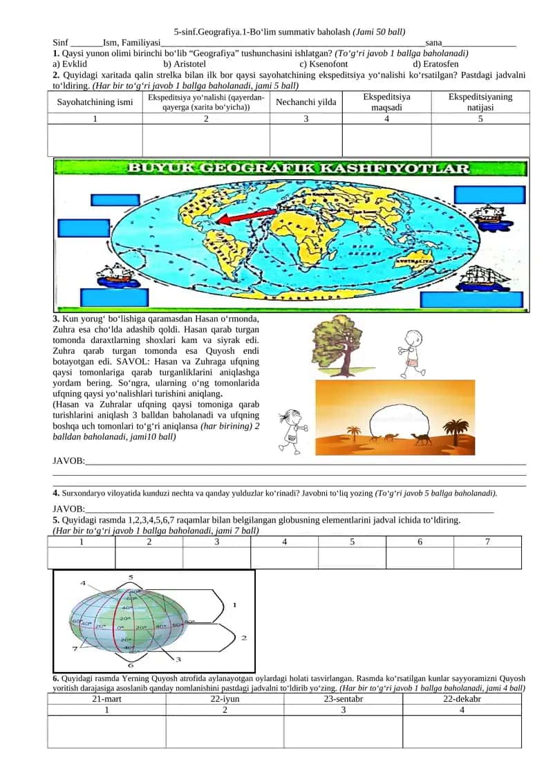 5-sinf.Geografiya.1-Bo‘lim summativ baholash
