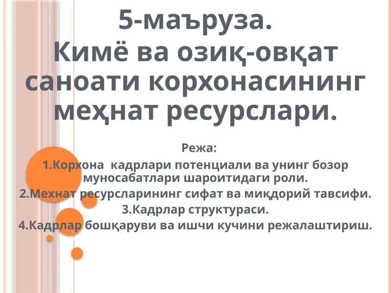 Кимёваозиқ-овқат саноатикорхонасинингмеҳнатресурслари