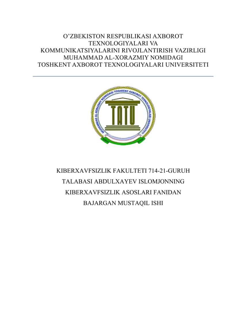 Identifikatsiya va autentifikatsiya tushunchasi va vazifalari + Kiberxavfsizlik fanidan 40 ta test