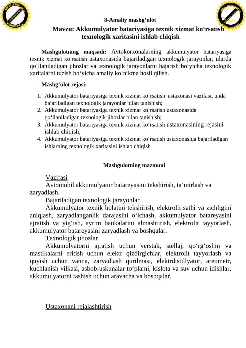Akkumulyator batariyasiga texnik xizmat kо‘rsatish texnologik xaritasini ishlab chiqish