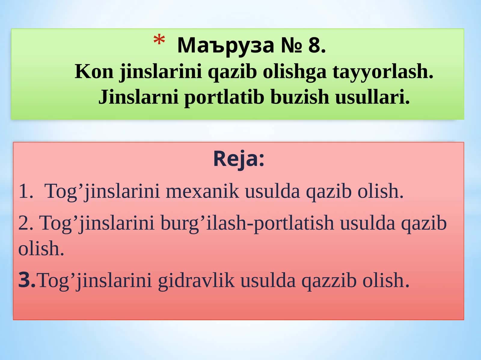 Kon jinslarini qazib olishga tayyorlash.Jinslarni portlatib buzish usullari.