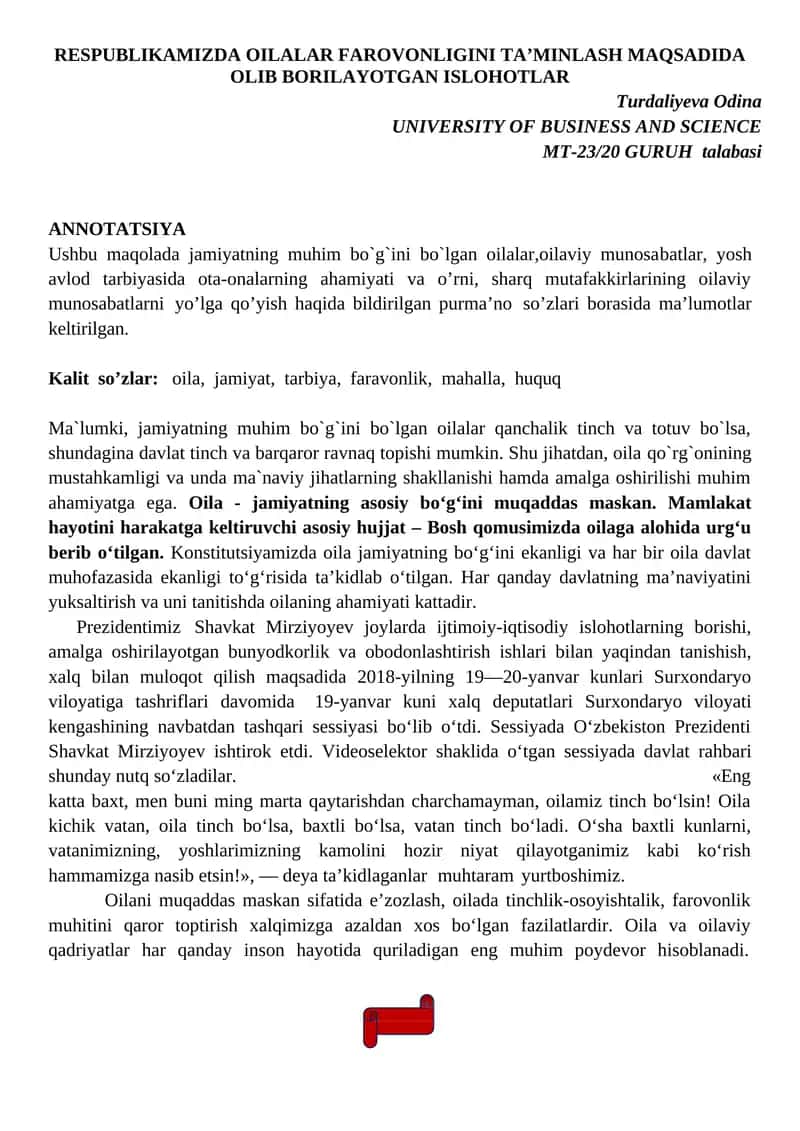 RESPUBLIKAMIZDA OILALAR FAROVONLIGINI TA’MINLASH MAQSADIDA OLIB BORILAYOTGAN ISLOHOTLAR