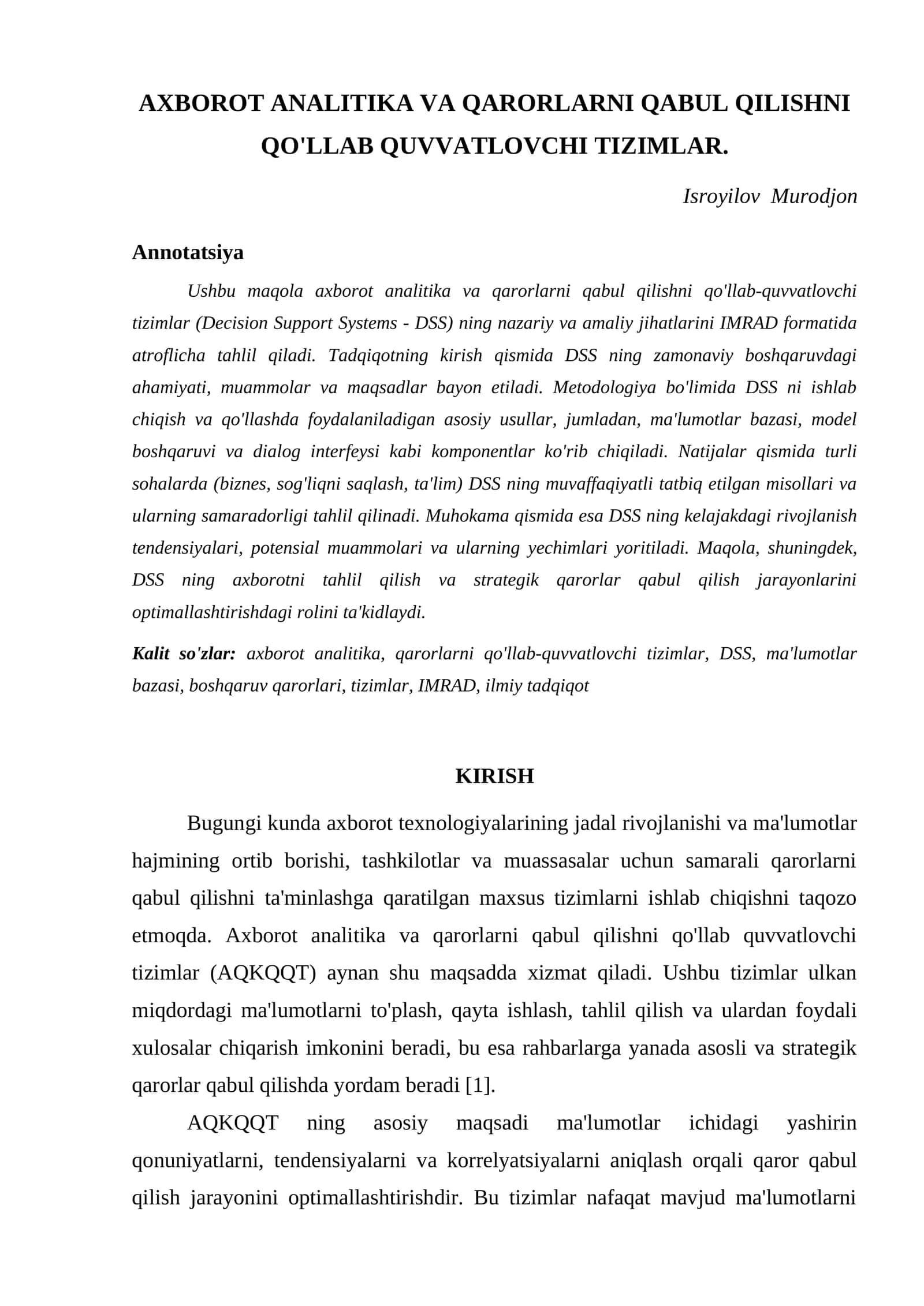AXBOROT ANALITIKA VA QARORLARNI QABUL QILISHNI QO'LLAB QUVVATLOVCHI TIZIMLAR
