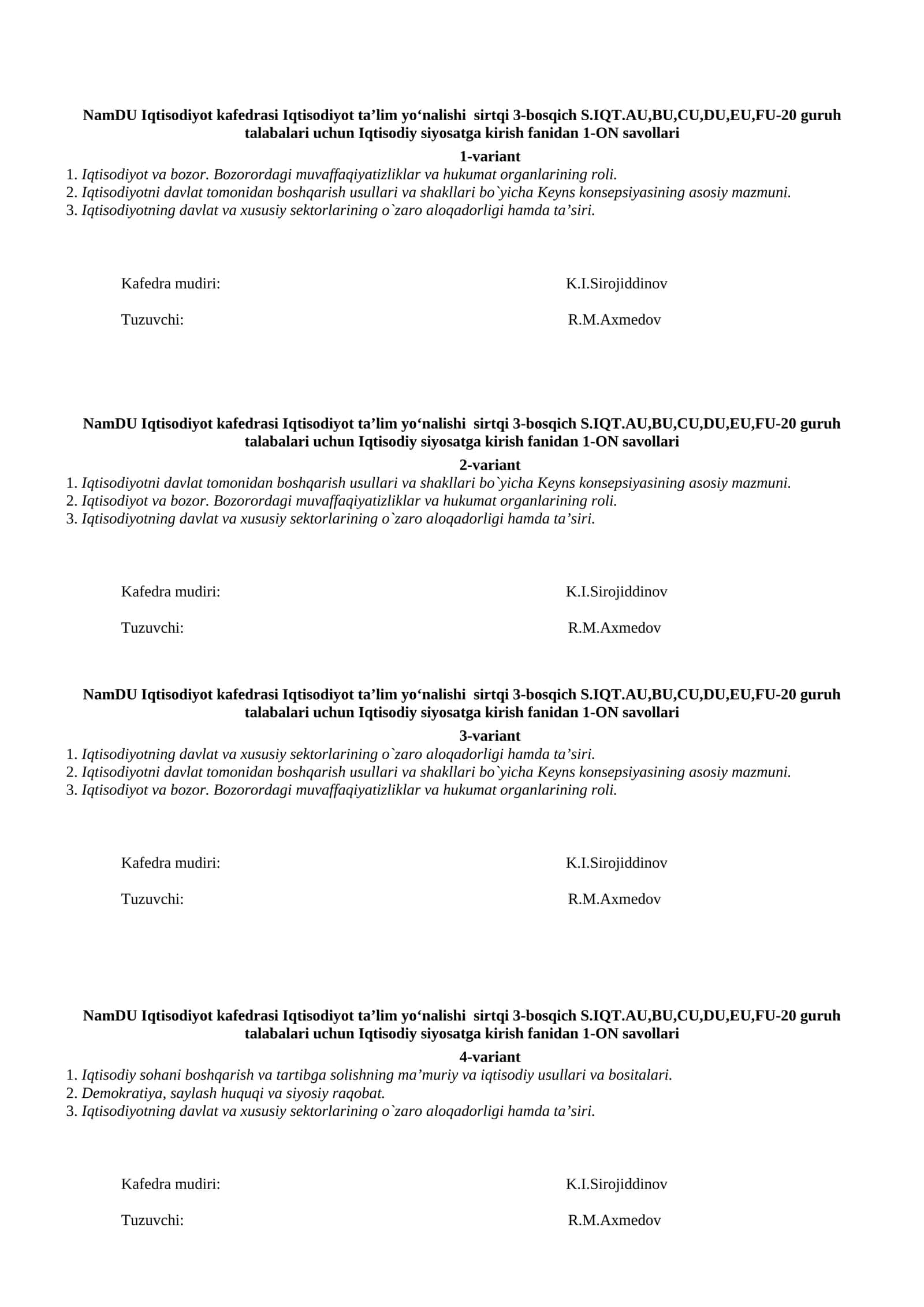Iqtisodiy siyosatga kirish fanidan 1-ON savollari