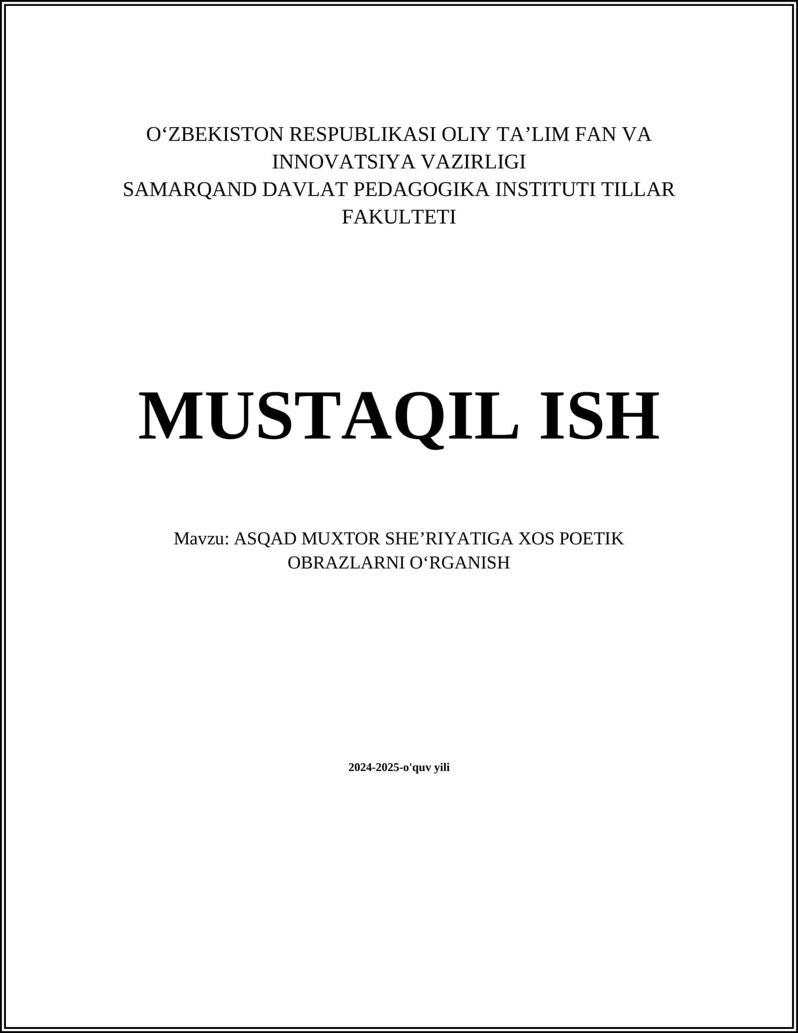 ASQAD MUXTOR SHEʼRIYATIGA XOS POETIK OBRAZLARNI OʻRGANISH