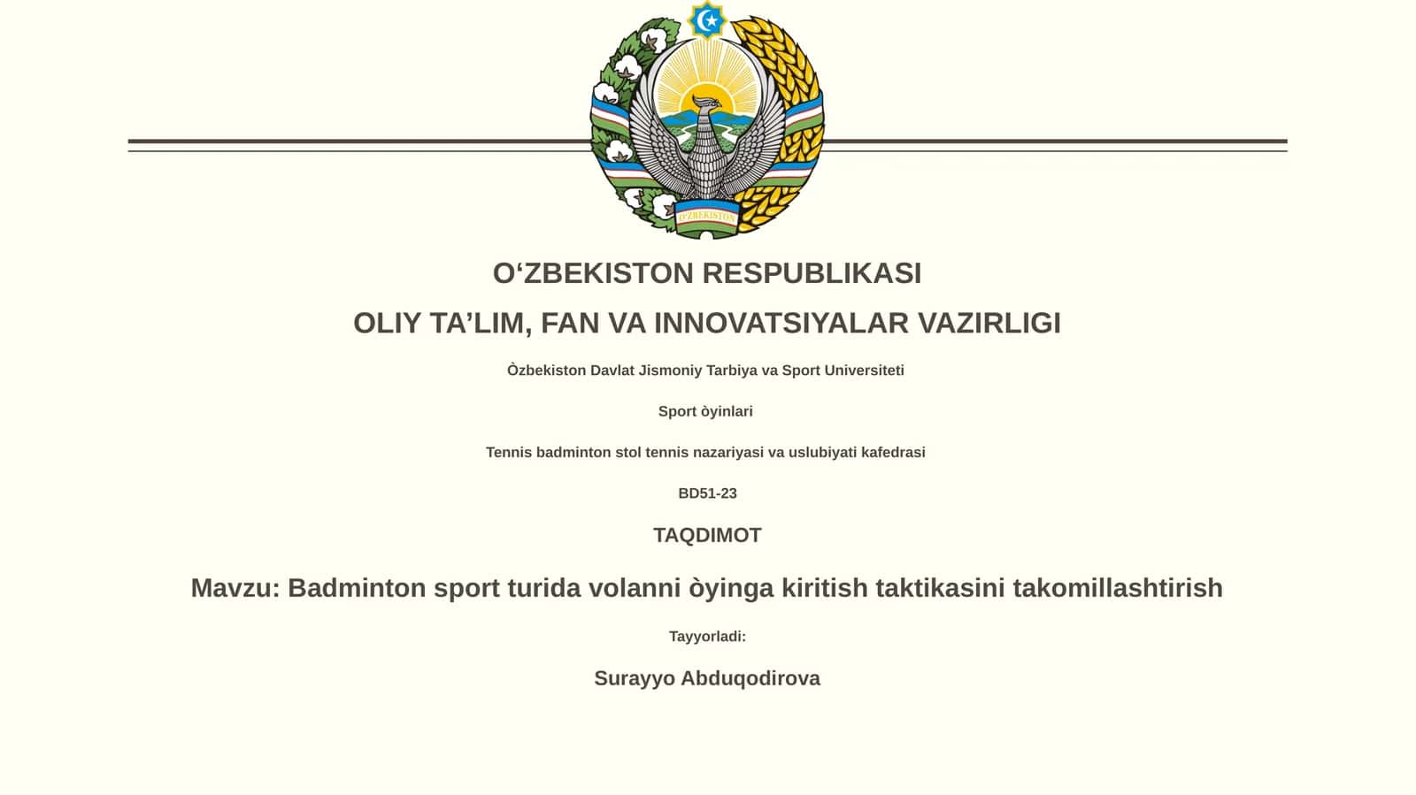 Badminton sport turida volanni òyinga kiritish taktikasini takomillashtirish