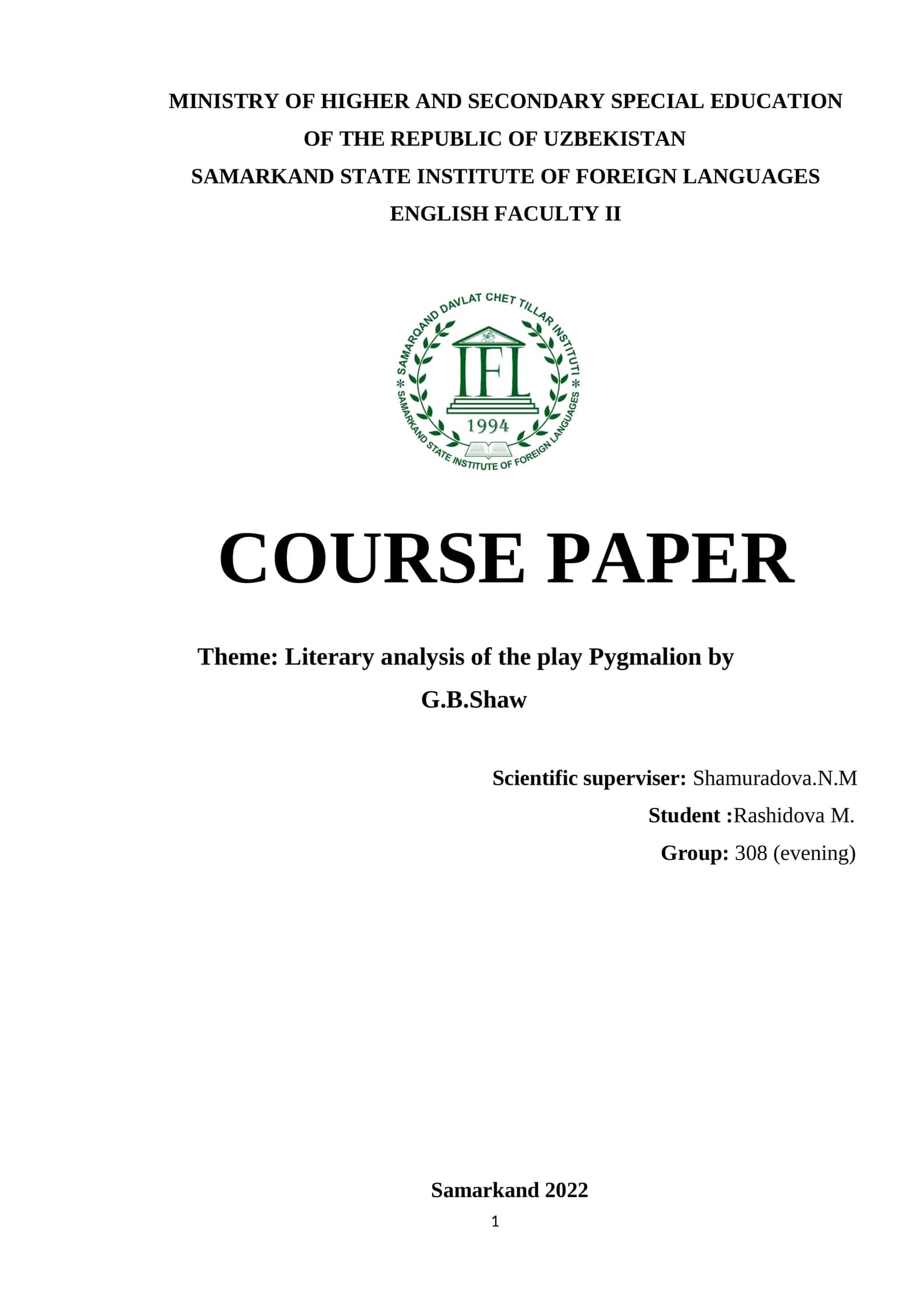 Literary analysis of the play Pygmalion by G.B.Shaw