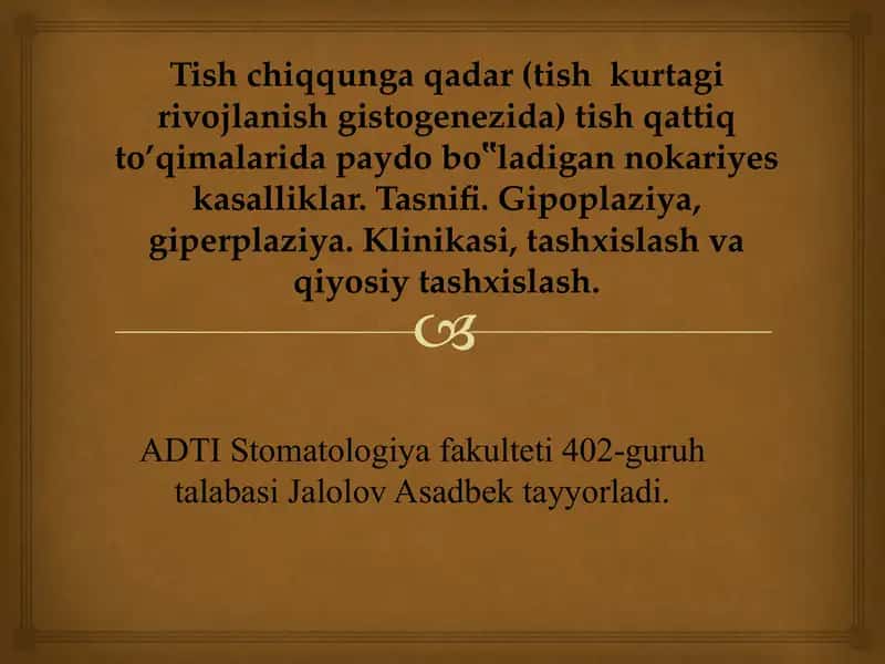 Tish chiqqunga qadar (tish kurtagi rivojlanish gistogenezida) tish qattiq to’qimalarida paydo bo‟ladigan nokariyes kasalliklar. Tasnifi. Gipoplaziya, giperplaziya. Klinikasi, tashxislash va qiyosiy tashxislash.