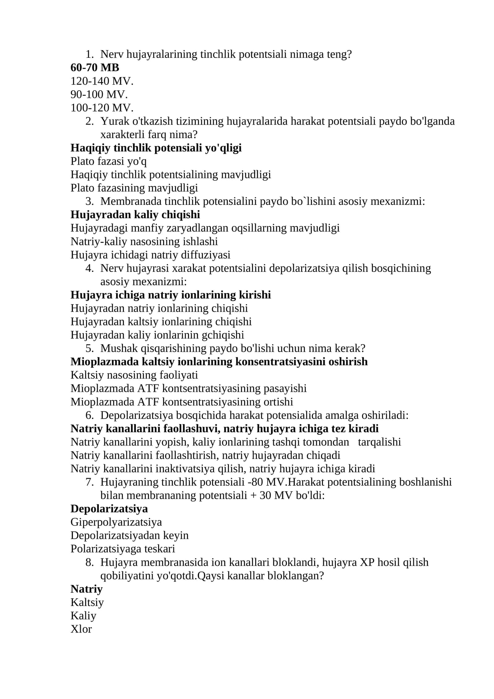 Tinchlik va xarakat potensiali