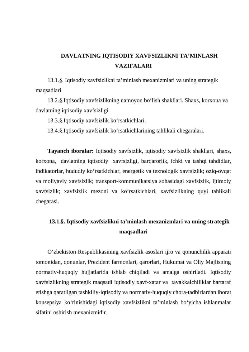 DAVLATNING IQTISODIY XAVFSIZLIKNI TA’MINLASH VAZIFALARI
