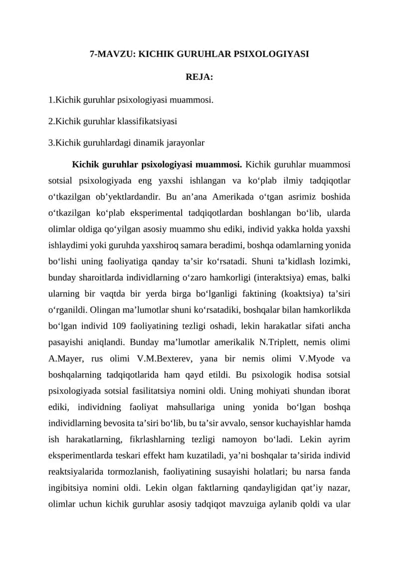 KICHIK GURUHLAR PSIXOLOGIYASI