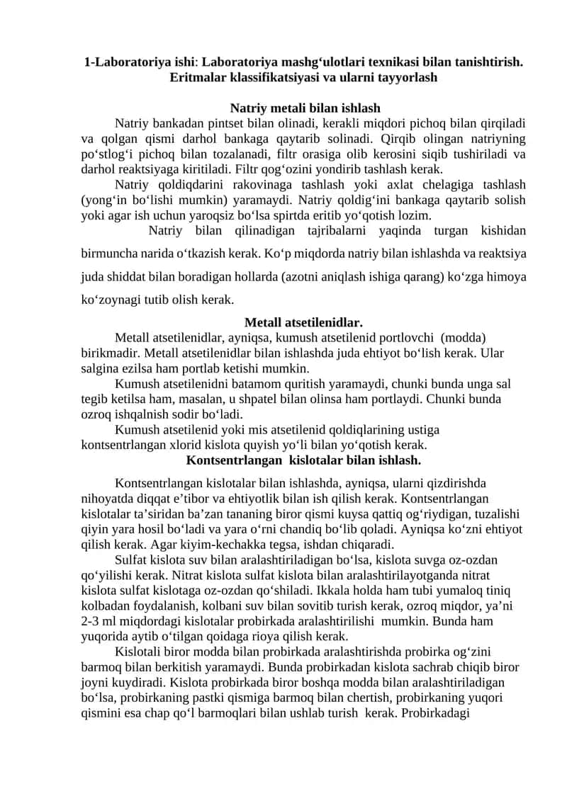 Laboratoriya ishi: Laboratoriya mashg‘ulotlari texnikasi bilan tanishtirish. Eritmalar klassifikatsiyasi va ularni tayyorlash