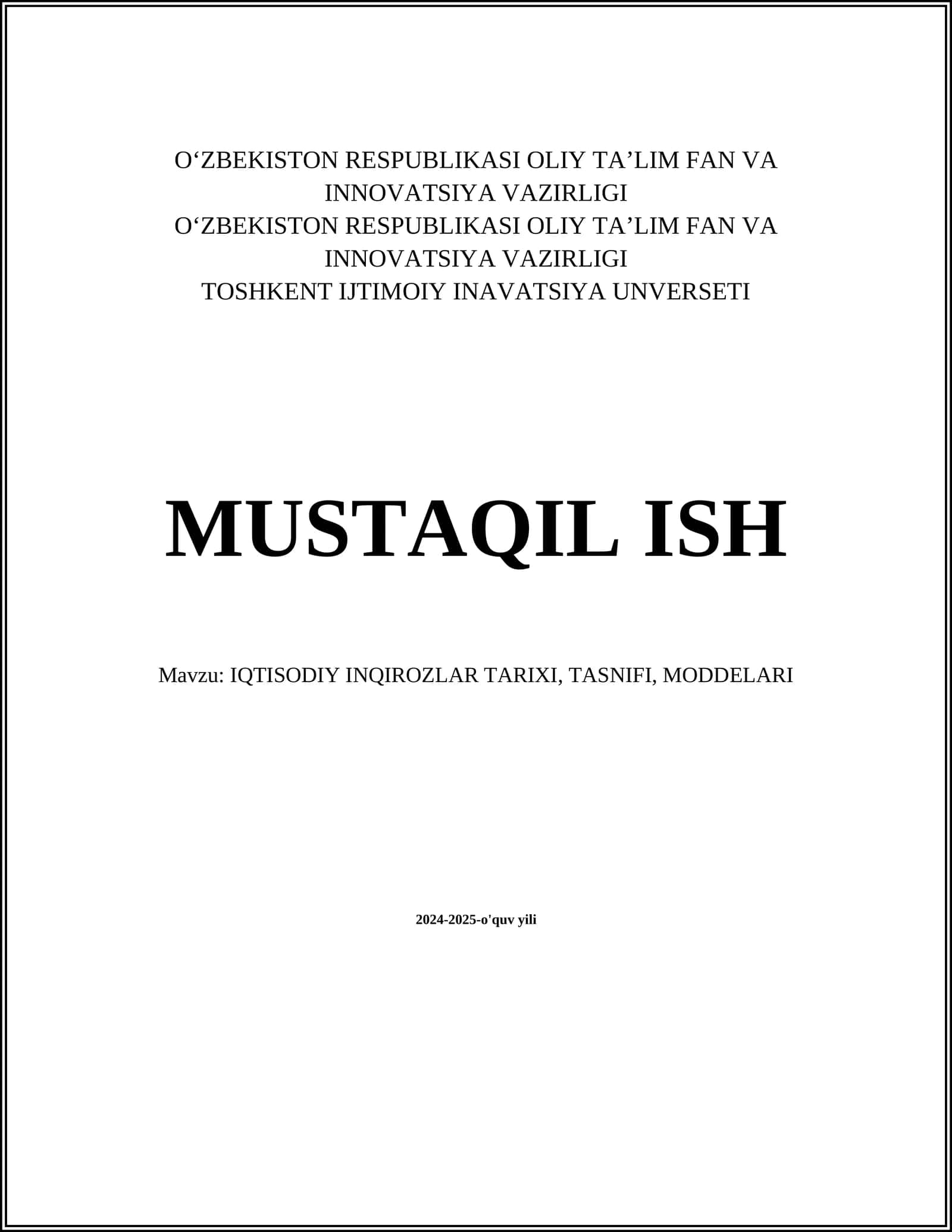 Iqtisodiy Inqirozlar Tarixi, Tasnifi, Modellari